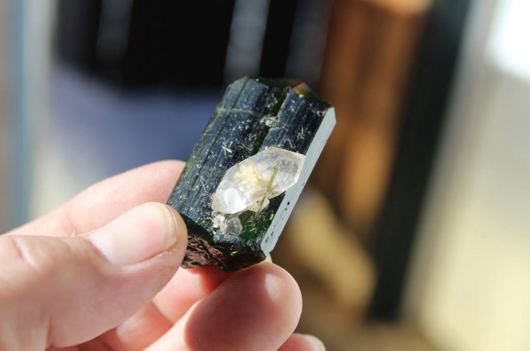 Green Tourmaline with Double Terminated Quartz