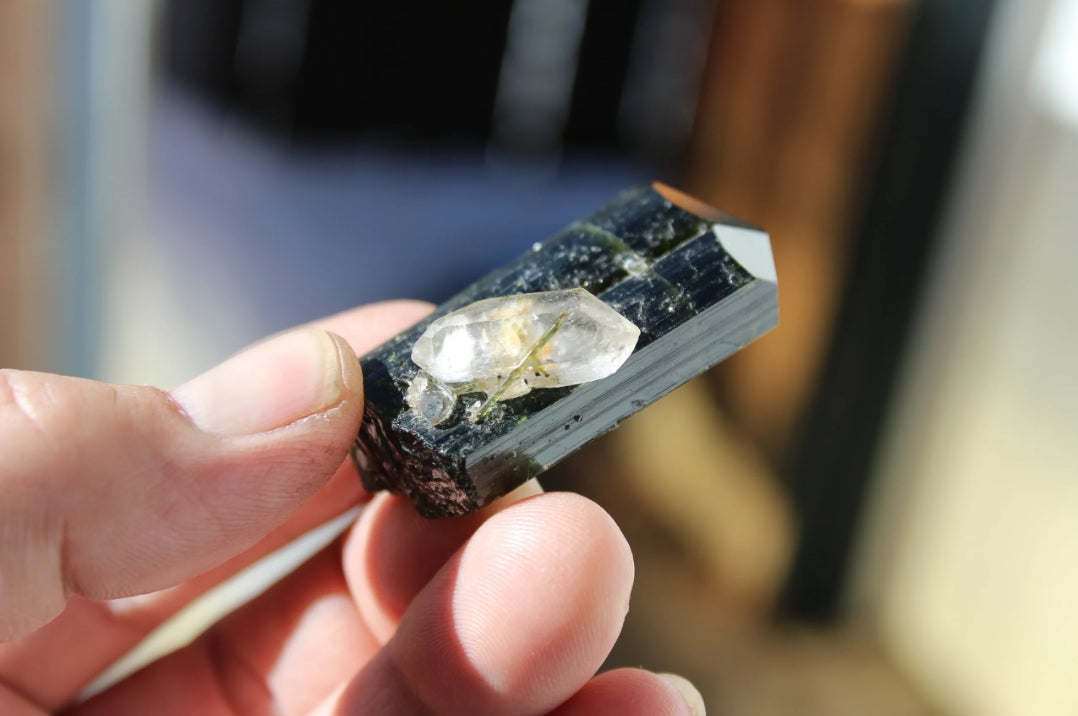 Green Tourmaline with Double Terminated Quartz