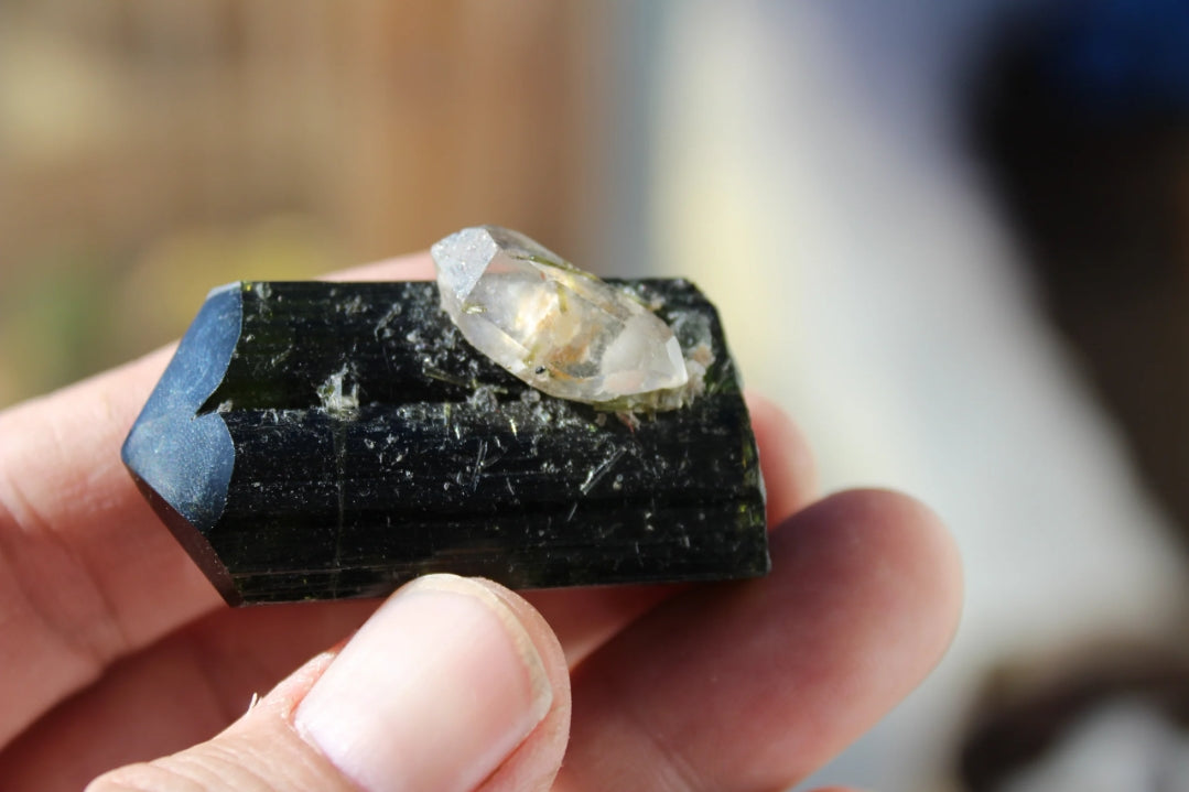 Green Tourmaline with Double Terminated Quartz