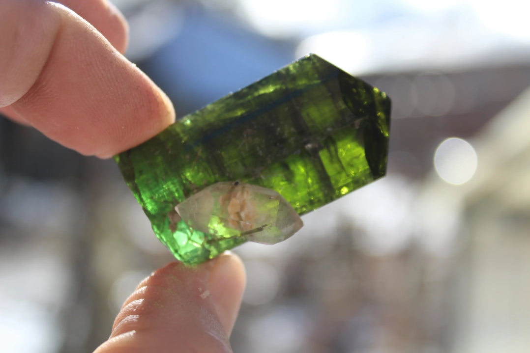 Green Tourmaline with Double Terminated Quartz