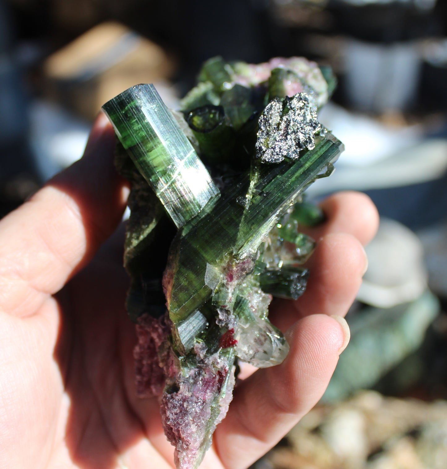 Watermelon Green Tourmaline with Quartz on Lepidolite with Metal Stand