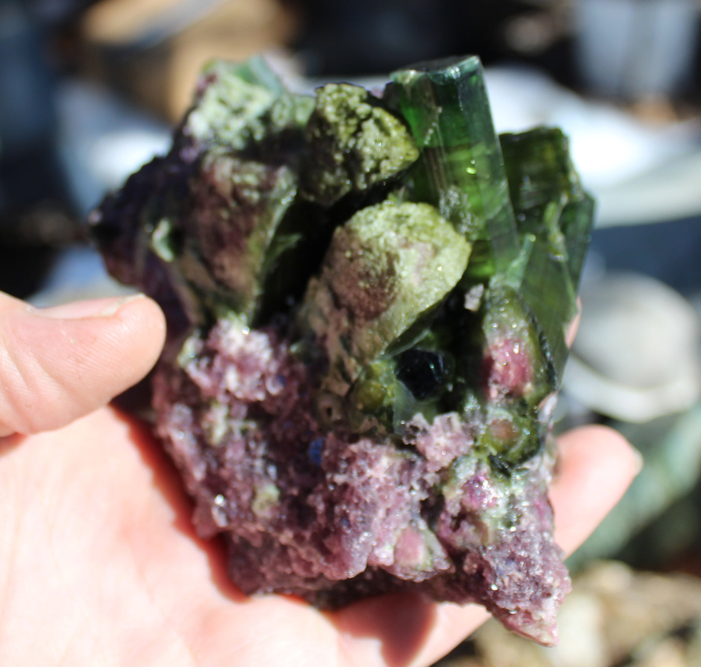 Watermelon Green Tourmaline with Quartz on Lepidolite with Metal Stand