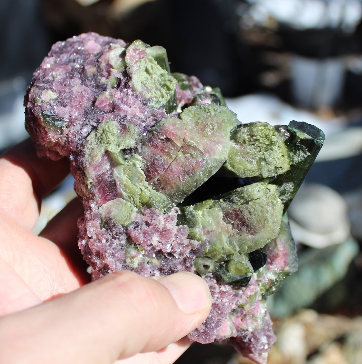 Watermelon Green Tourmaline with Quartz on Lepidolite with Metal Stand