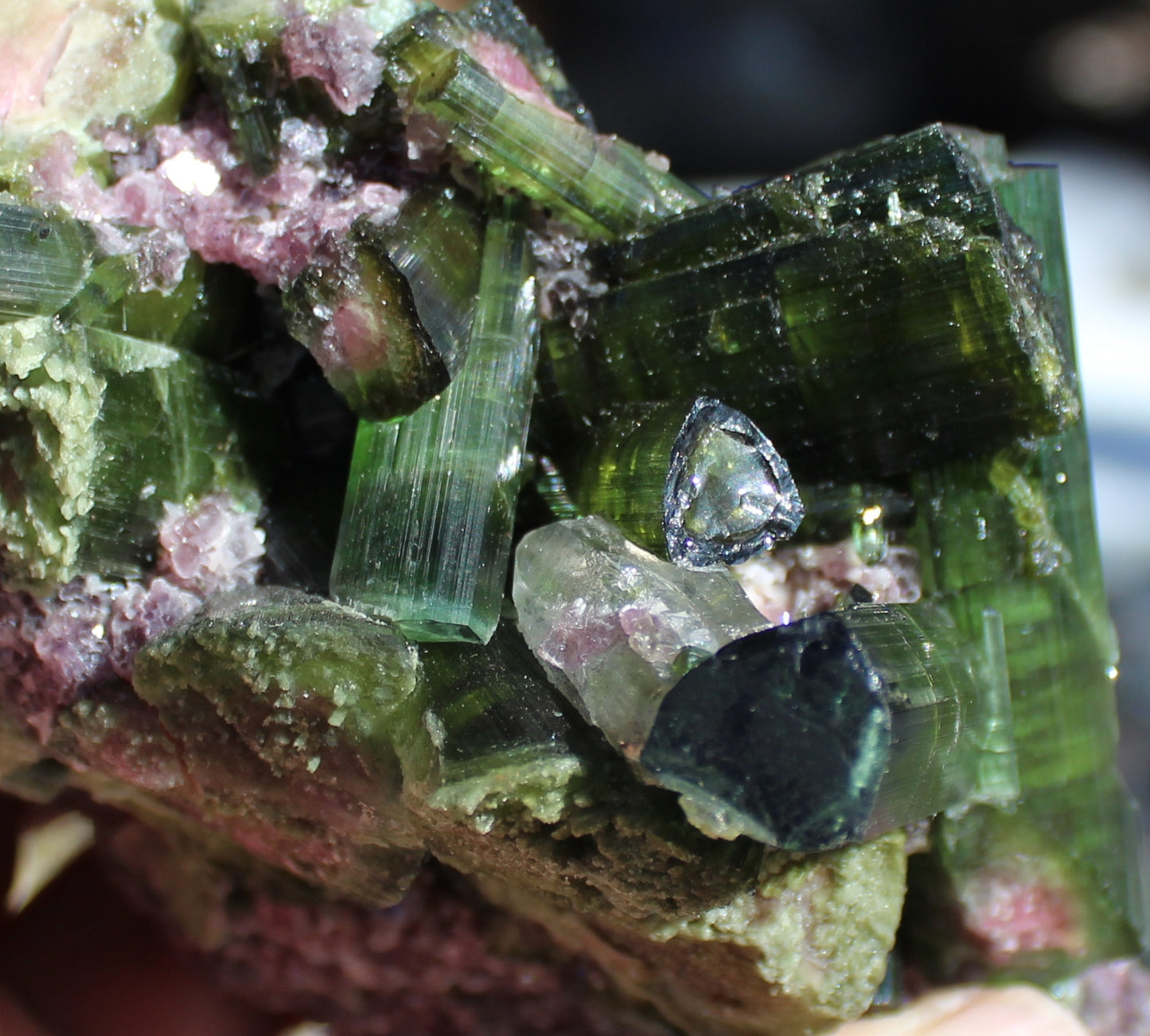 Watermelon Green Tourmaline with Quartz on Lepidolite with Metal Stand