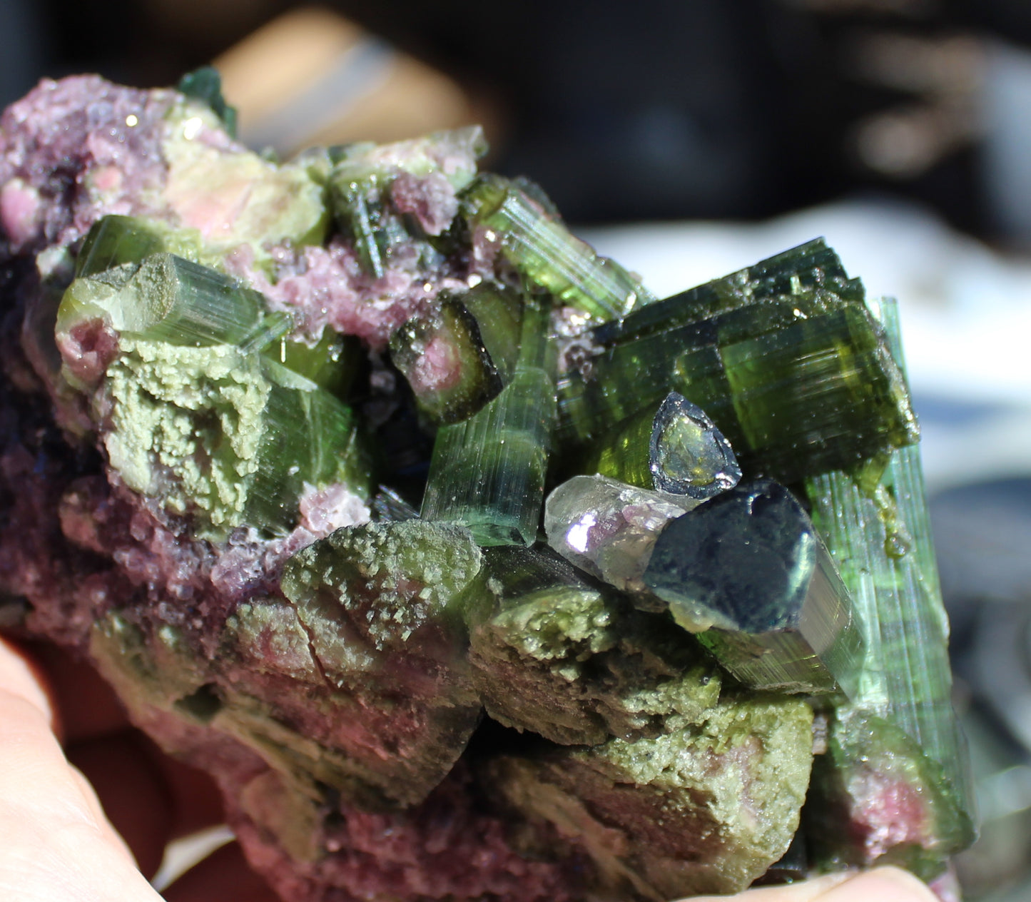 Watermelon Green Tourmaline with Quartz on Lepidolite with Metal Stand