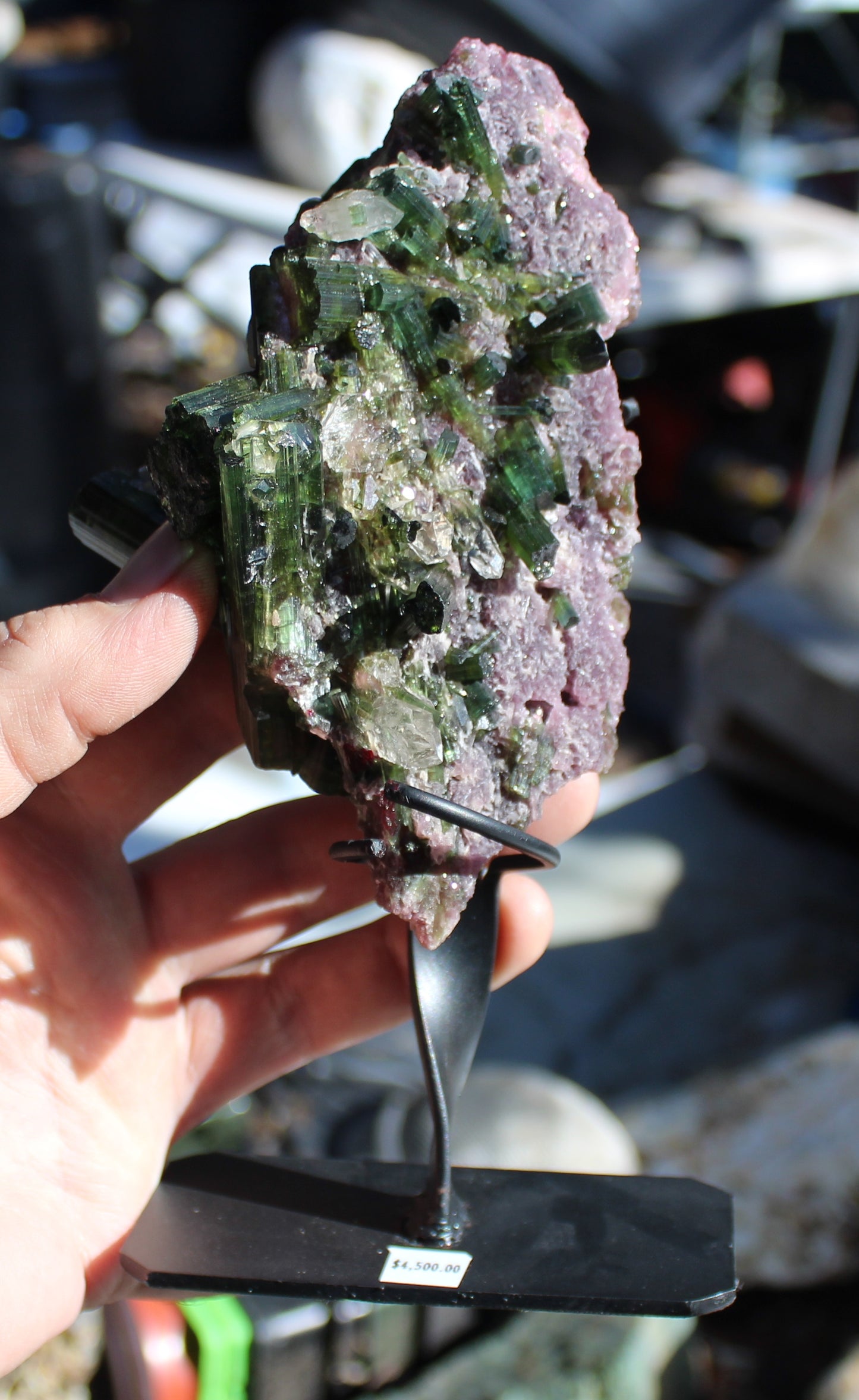 Watermelon Green Tourmaline with Quartz on Lepidolite with Metal Stand
