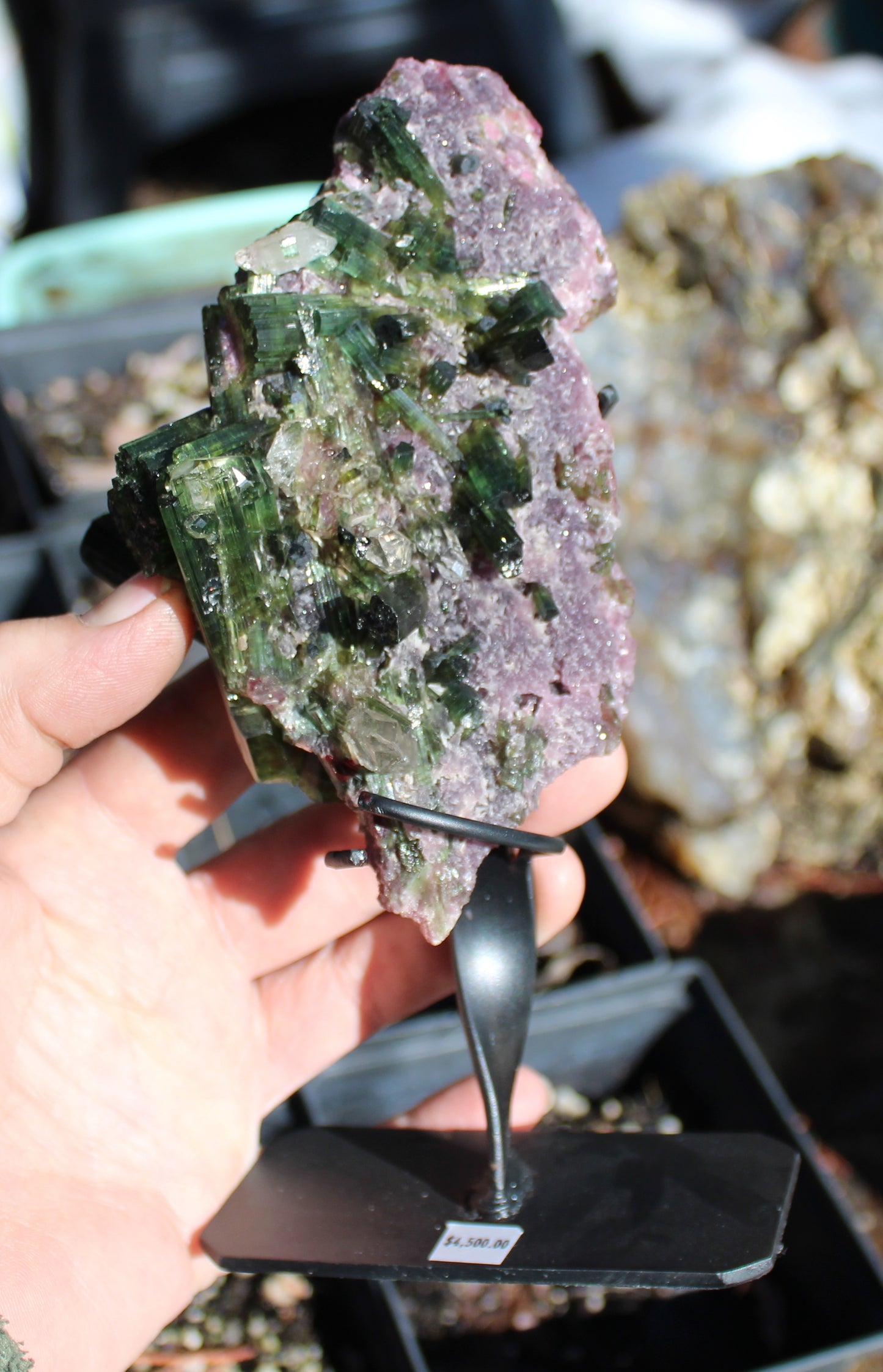 Watermelon Green Tourmaline with Quartz on Lepidolite with Metal Stand