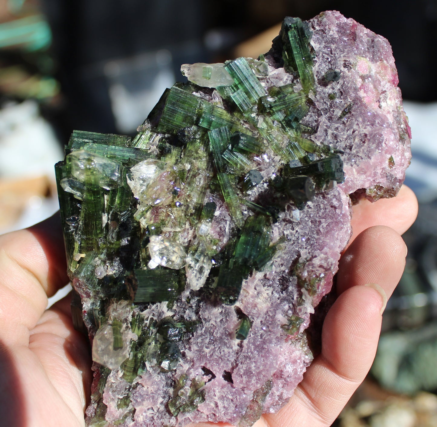 Watermelon Green Tourmaline with Quartz on Lepidolite with Metal Stand
