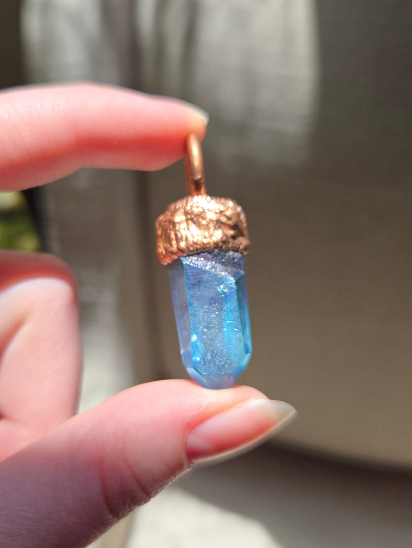 Copper Electroform and Aqua Aura Quartz Pendant