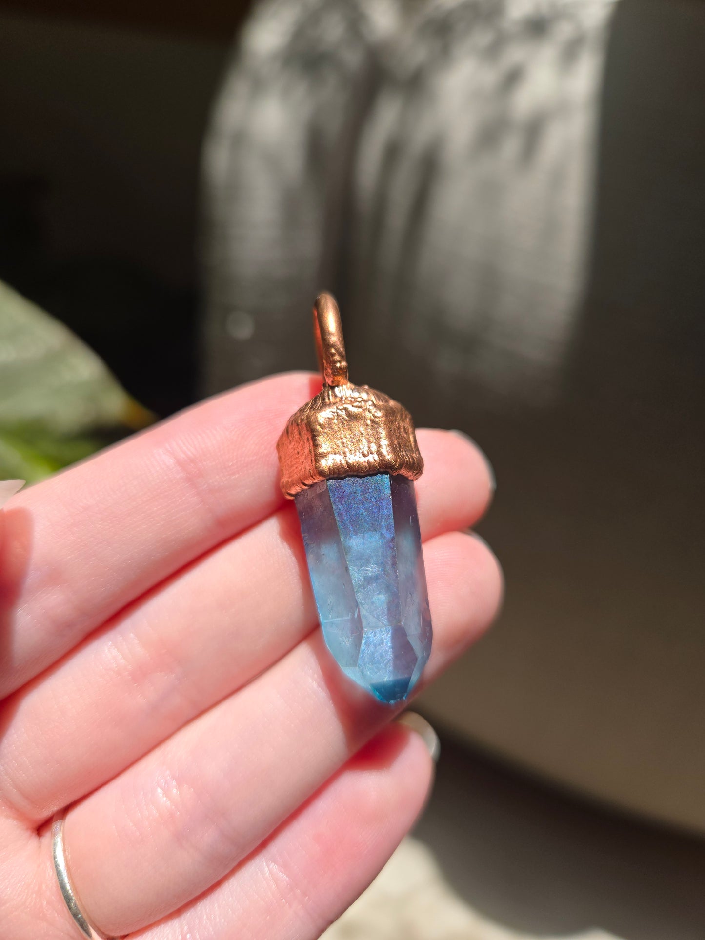 Copper Electroform and Aqua Aura Quartz Pendant