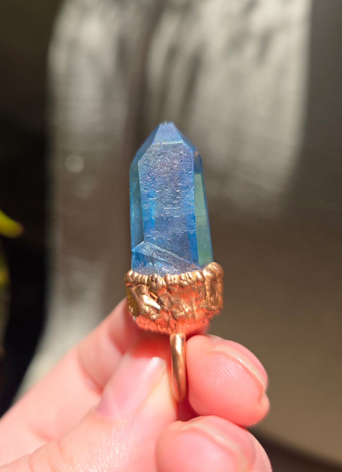 Copper Electroform and Aqua Aura Quartz Pendant
