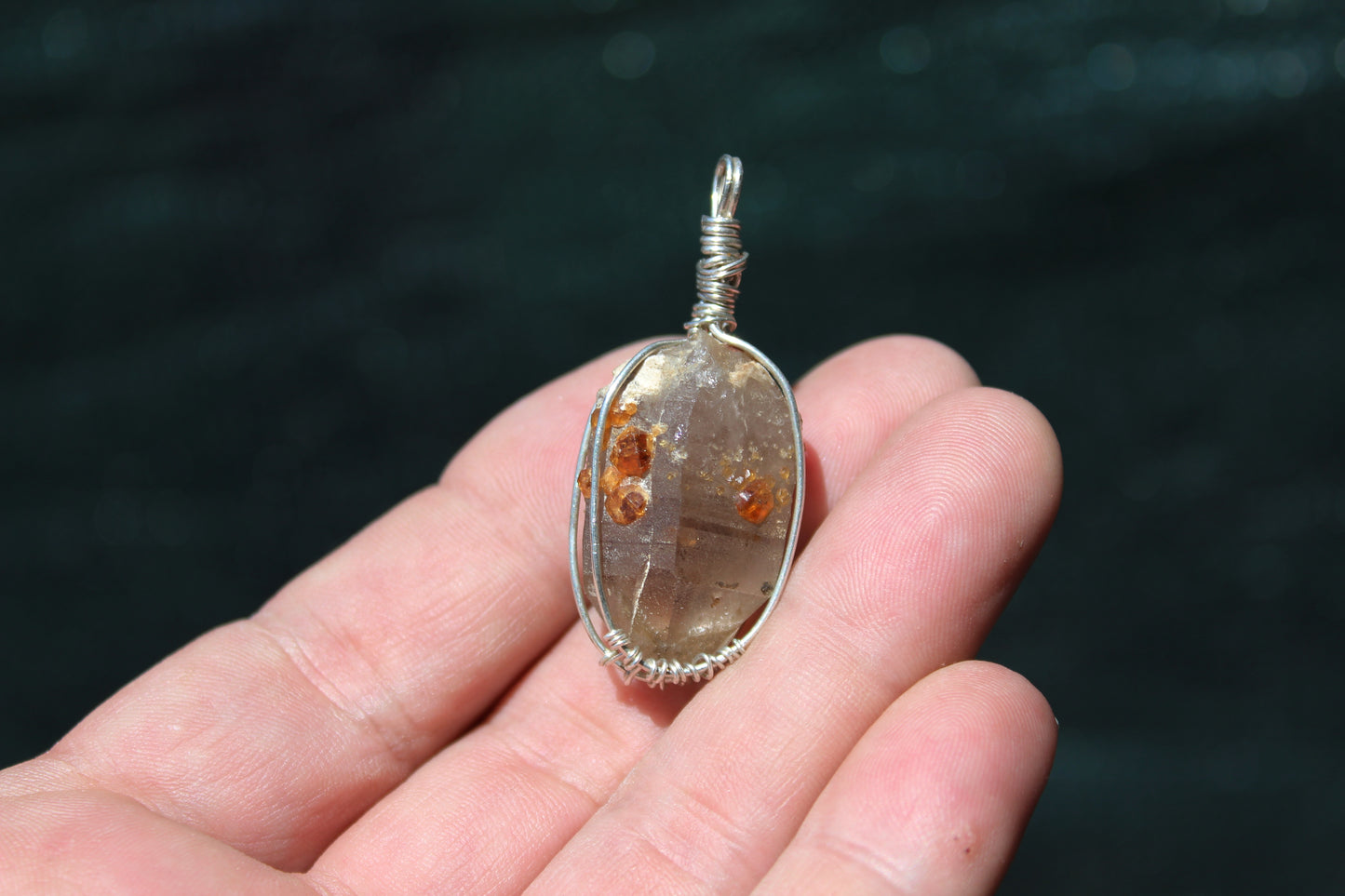 Smoky Quartz with Garnet Sterling Silver Pendant