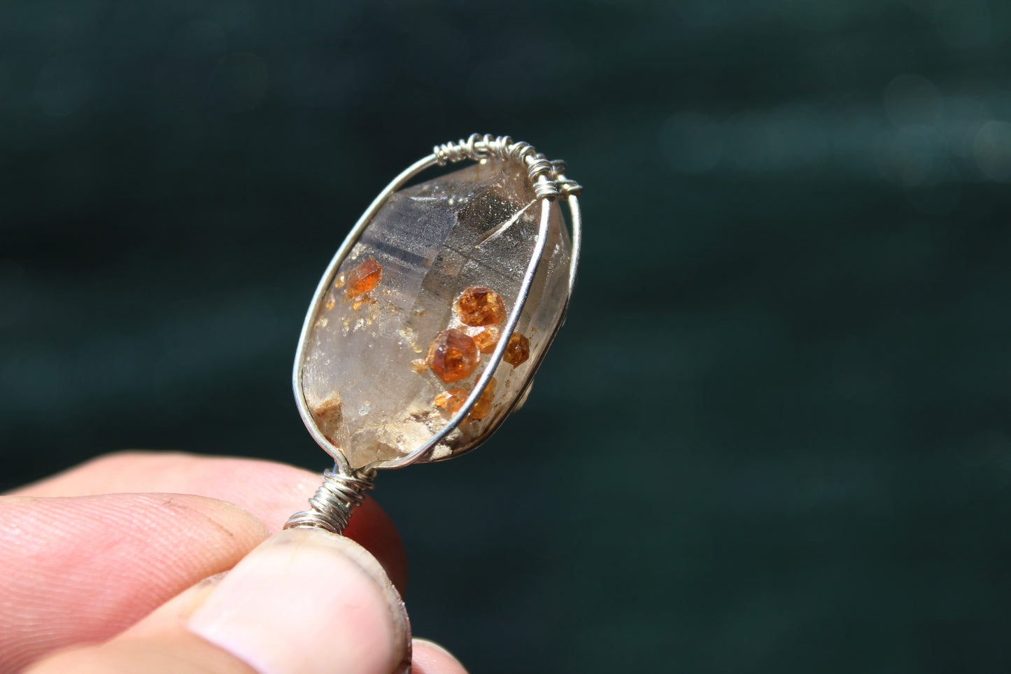Smoky Quartz with Garnet Sterling Silver Pendant