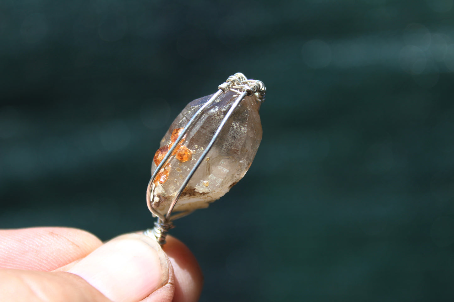 Smoky Quartz with Garnet Sterling Silver Pendant