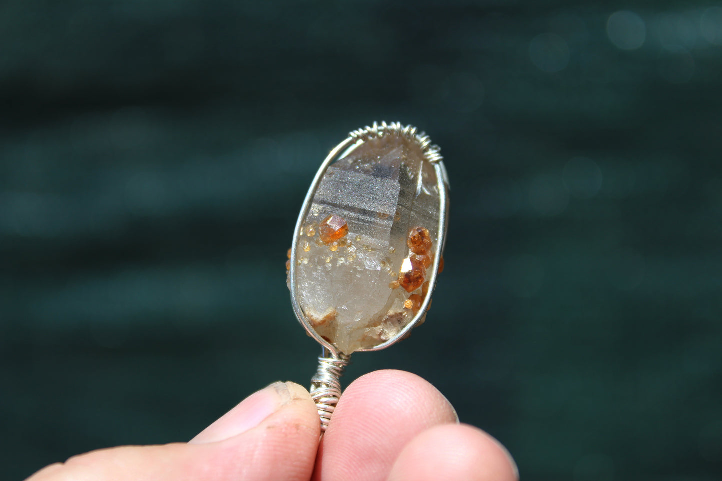 Smoky Quartz with Garnet Sterling Silver Pendant