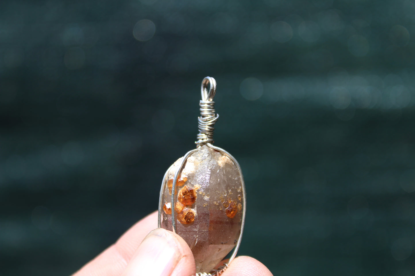 Smoky Quartz with Garnet Sterling Silver Pendant